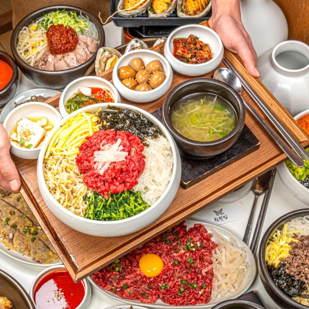 Traditional Korean bibimbap with vegetables, egg, beef, and gochujang in Seoul