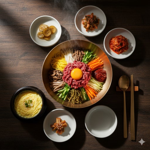Colorful traditional Korean bibimbap with vegetables, egg, beef, and gochujang in Seoul