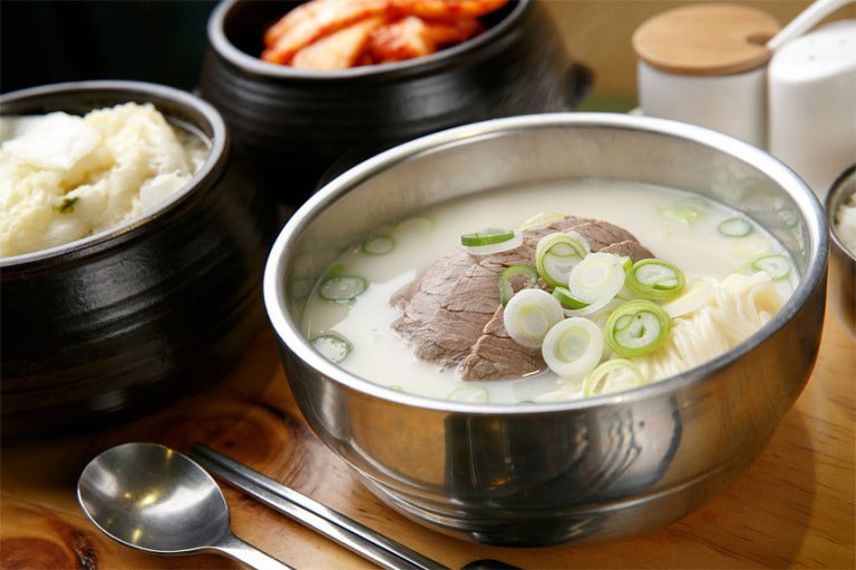 Traditional Korean breakfast with soup, rice and side dishes in Seoul