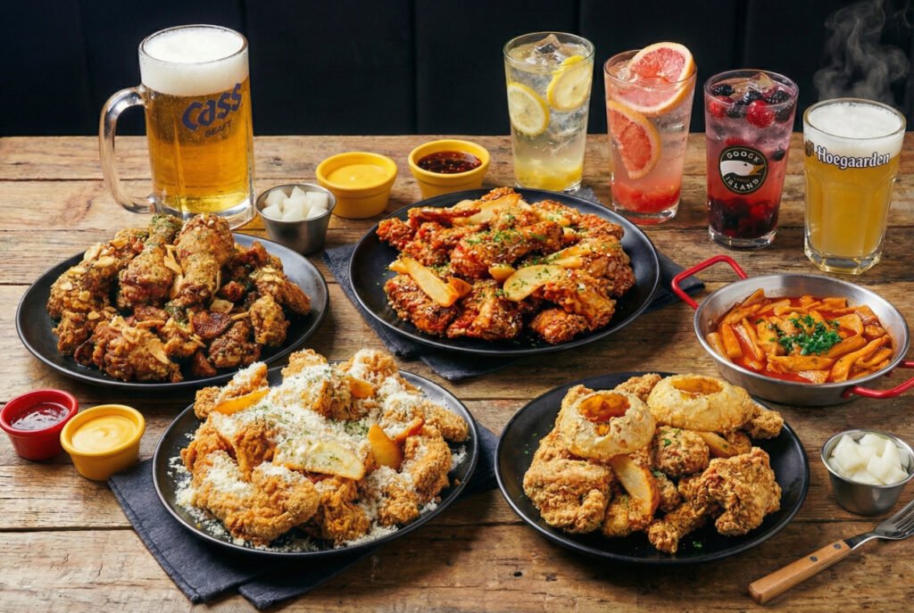 Assorted dishes at Chicken in the Kitchen in Hongdae