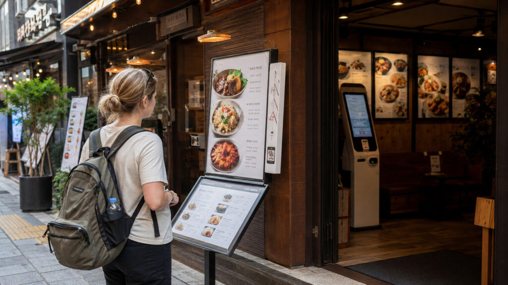 First-time traveler checking a restaurant entrance before ordering food in Korea