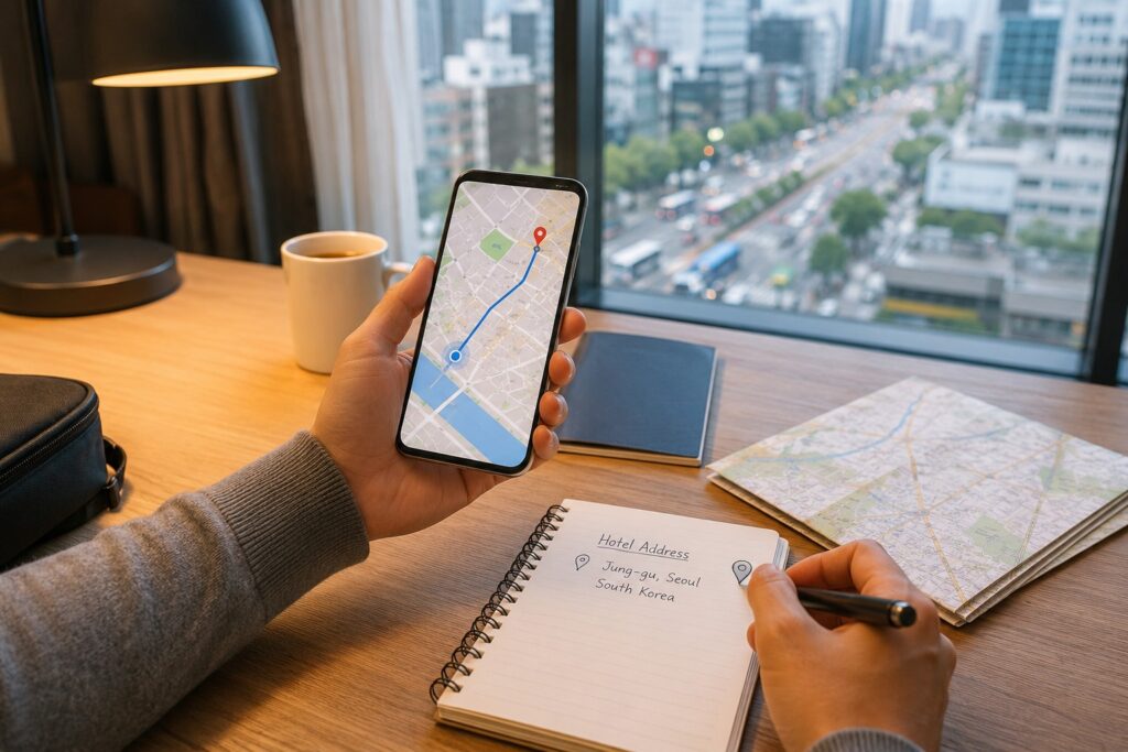 Traveler checking hotel address and taxi app in Korea