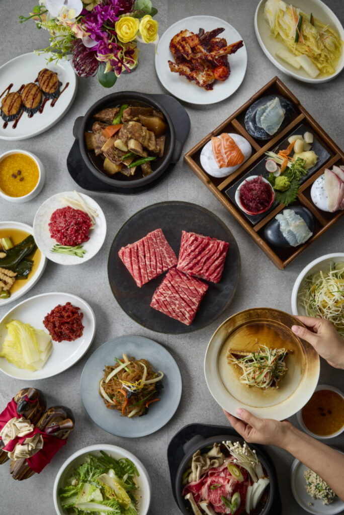 Korean BBQ meat cuts including samgyeopsal galbi and Hanwoo