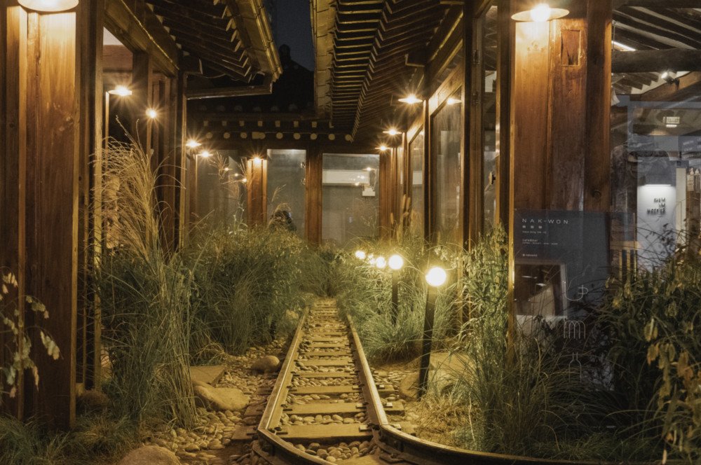 Railway-themed interior at Nakwon Station cafe in Ikseondong