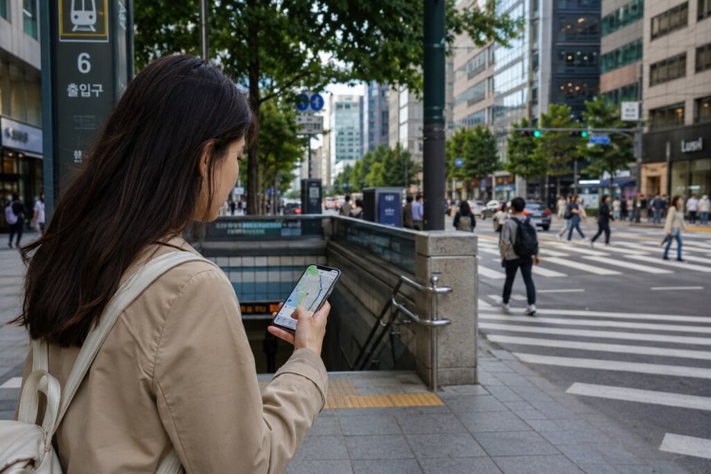 Traveler using Naver Map on a smartphone in Seoul Korea