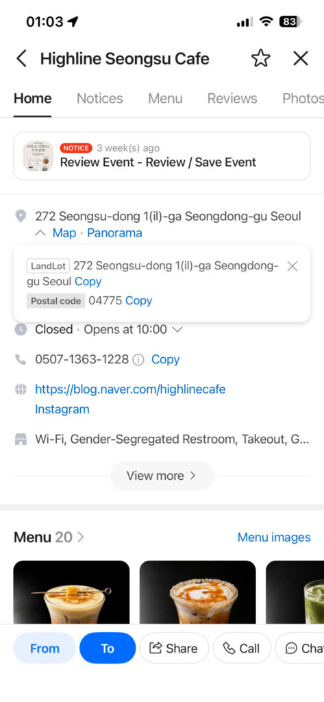 Copying a Korean address from Naver Map into a taxi app in Korea