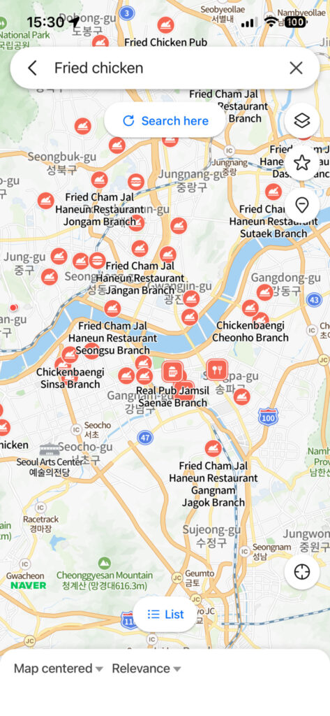 Naver Map search for Korean fried chicken branches in Seoul