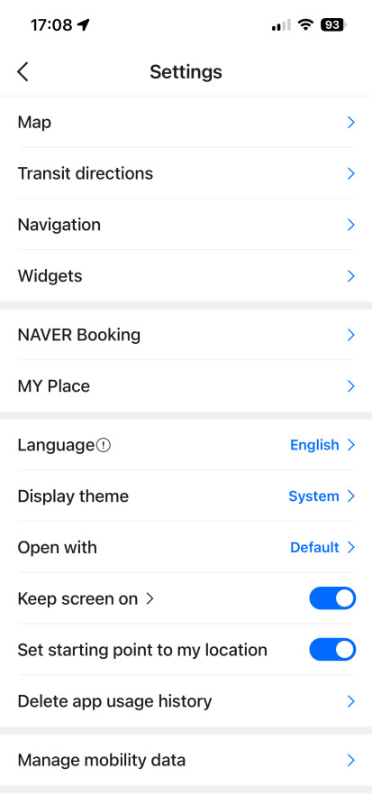 Naver Map language settings for English users