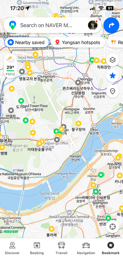 Saved places on Naver Map for a Korea travel itinerary