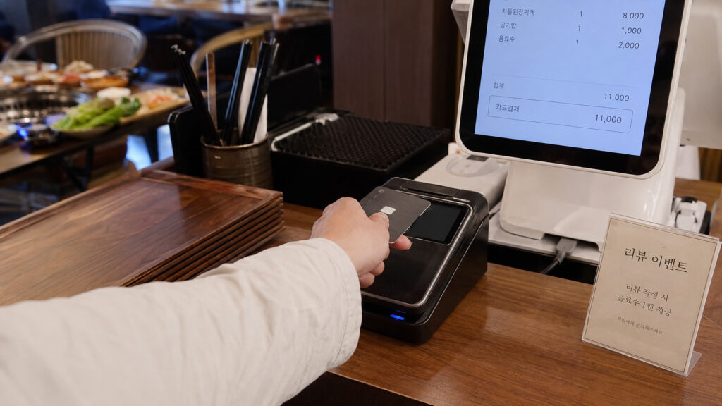 Traveler paying by credit card at a restaurant counter in Korea