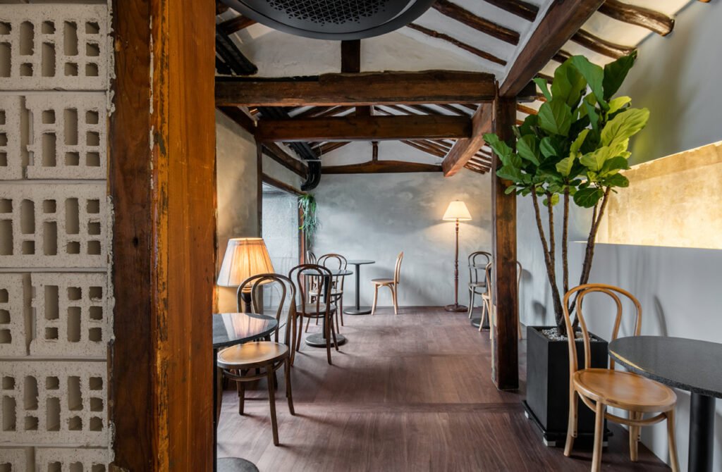 Retro interior of Seoul Coffee Ikseon in a renovated hanok