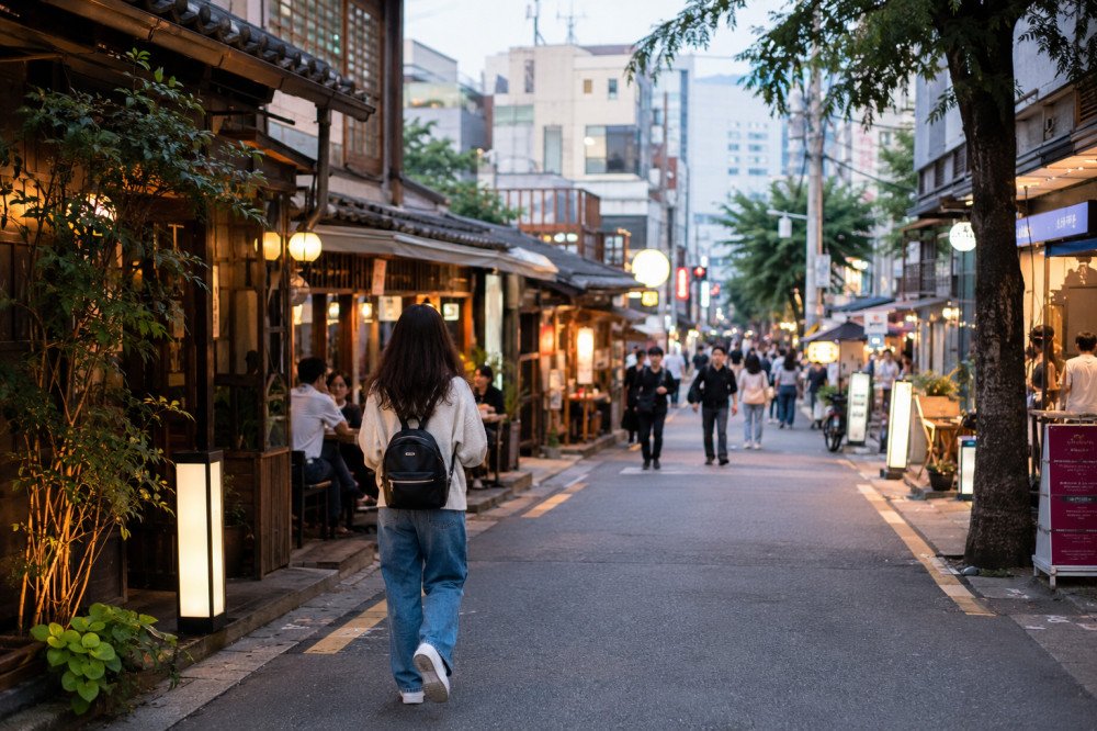 Solo traveler walking through a restaurant street in Seoul