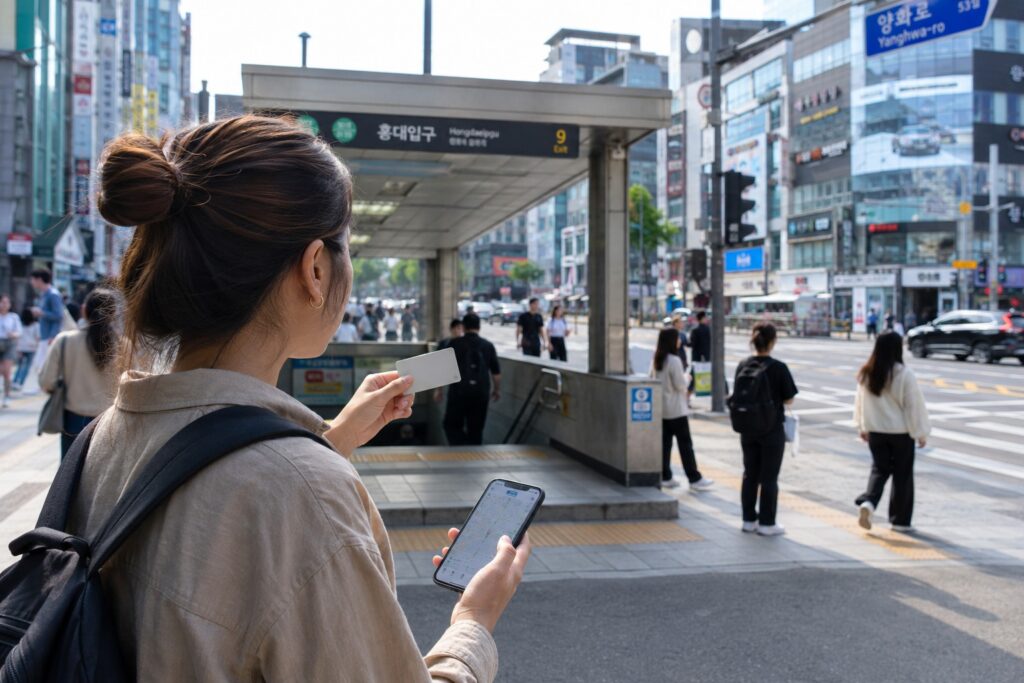 Traveler using a T-Money card at a subway gate in Seoul Korea