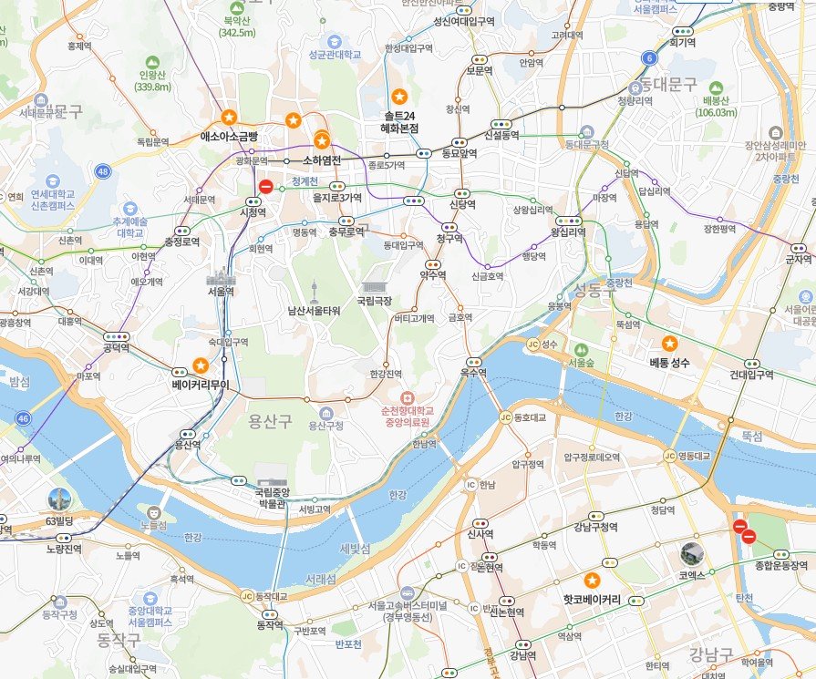 Map of eight salt bread bakeries in Seoul by neighborhood