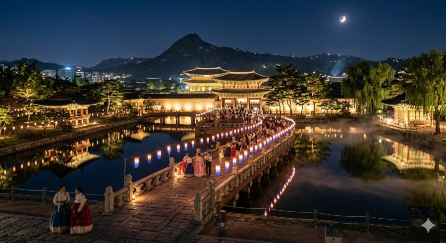 Gyeongbokgung Palace illuminated during nighttime viewing in Seoul